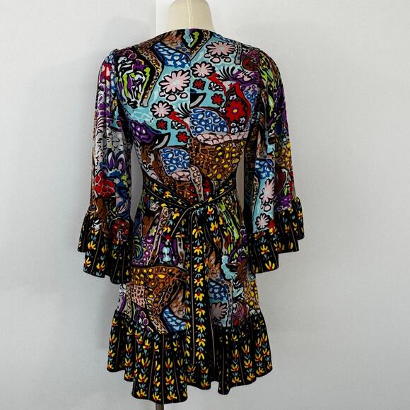 Betsey Johnson Vintage Bambi Printed Surplice Mini Dress 90s Flared Sleeve 6 - Picture 6 of 11